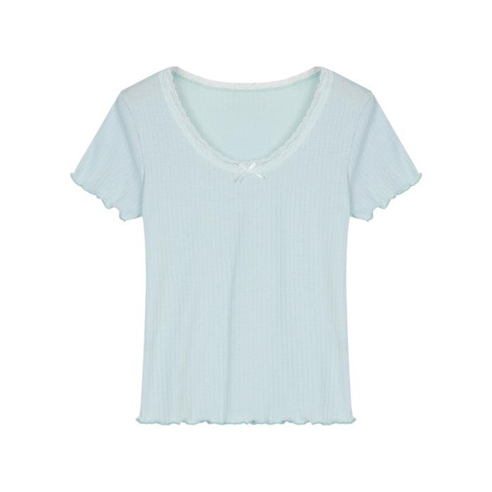 

Женская летняя облегающая трикотажная футболка 2024 года со сладким и пикантным кружевным бантом One Size светло-синий