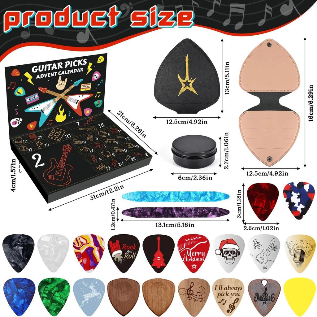 Guitar Picks Countdown Calendar with 20 Guitar Picks & 2 Oud Picks Holder Xmas Advent Calendars for Guitar Bass Ukulele Players