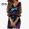 Fall Spring Women Dress Shiny Sequin See Through Mesh Patchwork A Line Crew Neck Plus Size Loose Long Sleeve Letter Print Above Knee Length Mini Dress