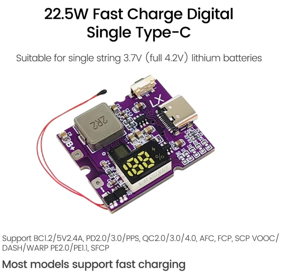 

22.5W Power Bank Двонаправлена Швидка Зарядка Модуль Мобільного Живлення Плата Схеми З Цифровим/Світловим Дисплеєм Type-C USB Підтримка PD/QC3.0 2.0