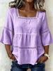 Women Square Neck Lace Trim Bell Sleeve Top Casual Tiered Smocked Solid Color Blouse