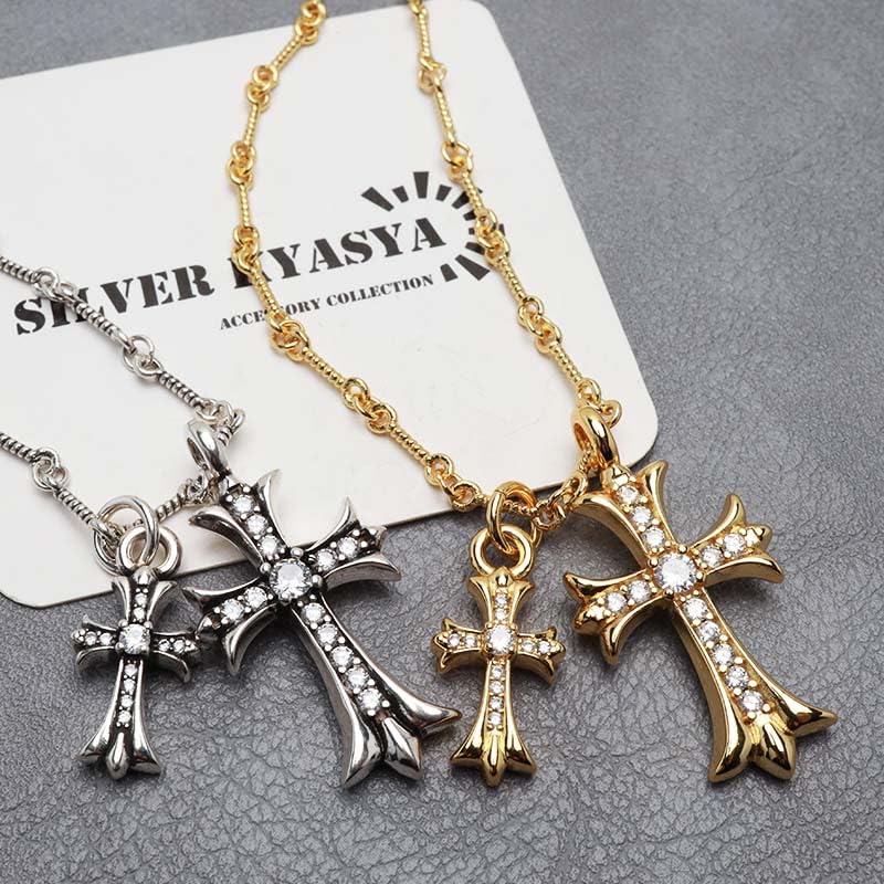 Collier Double Croix Collier Chaîne Torsadée Or 18KGP Argent 50cm Croix Pierre Claire Tendance Populaire [argent KYASYA] Homme