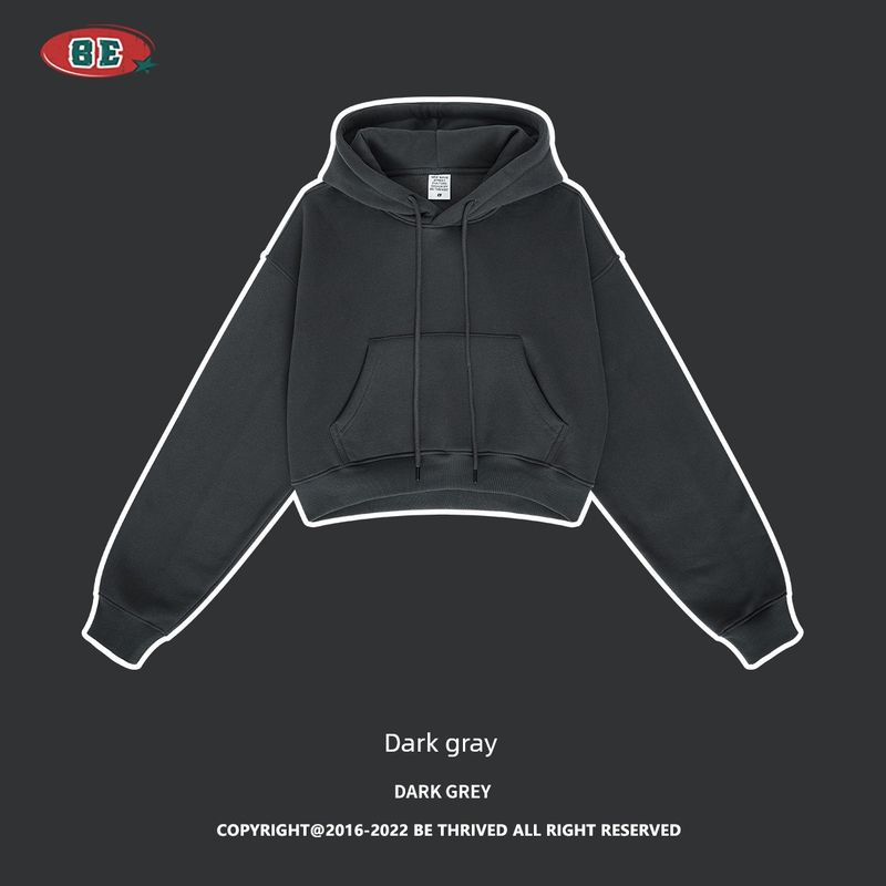 

American Fashion Brand 345G Fleece-lined Thickened Solid Hoodie Autumn and Winter Women Gyaru Short Blazer Outerwear Dark gray L