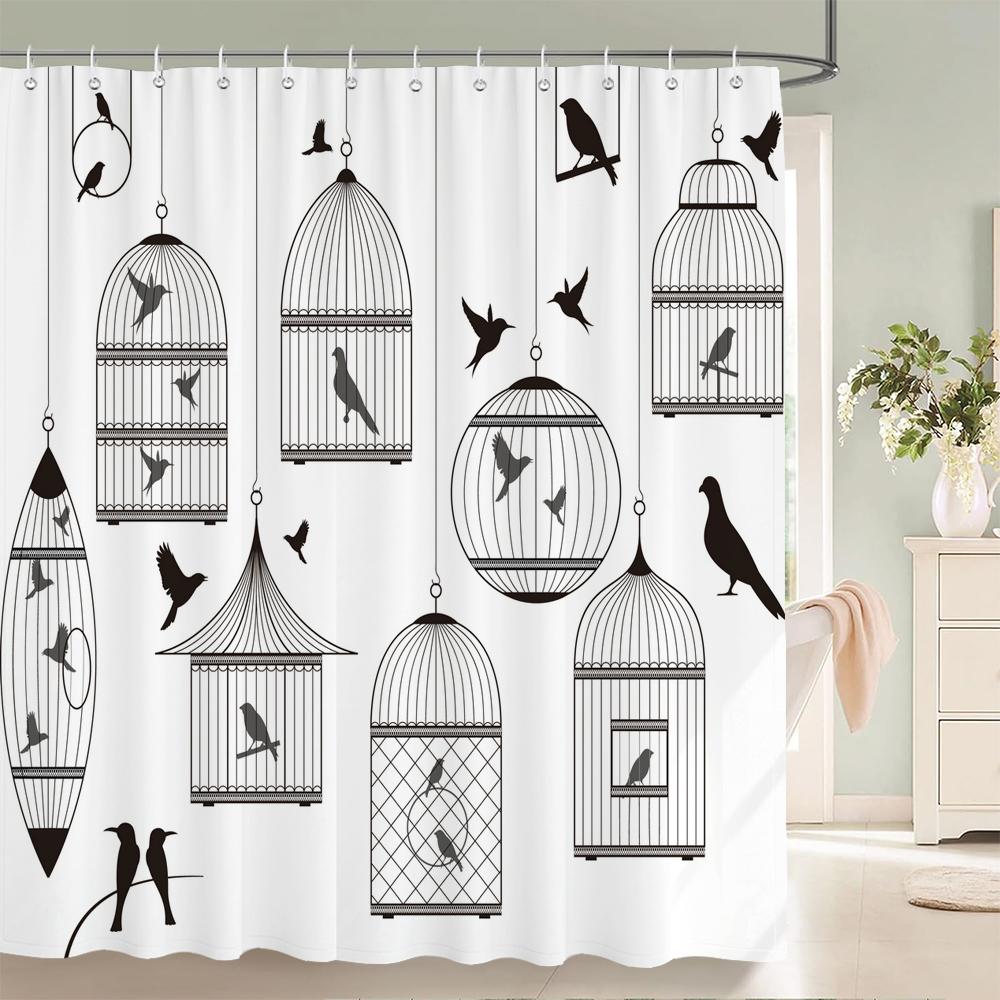 Nordic minimalist art printing Shower Curtain, Waterproof Fabric Flower and leaf Bird pattern Bathroom Curtain for Bathtub Decor