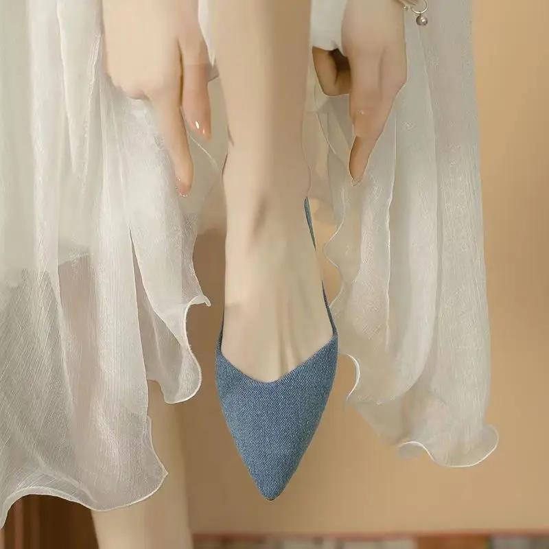 Fashion Denim Pointed Toe Blue Ladies Footwear Elegant Party Solid Color Social Fashionable 2025 Trend Chic Point 39 Women's Flat Shoes