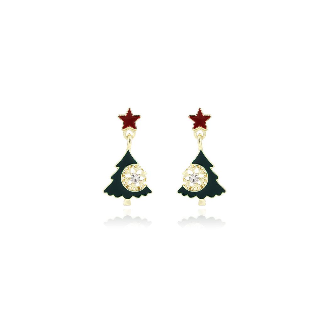Christmas Star Hollow-Out Diamond-Encrusted Christmas Tree Stud Earrings, Niche Design Sense Contrasting Color Dripping Oil Fashion Earrings