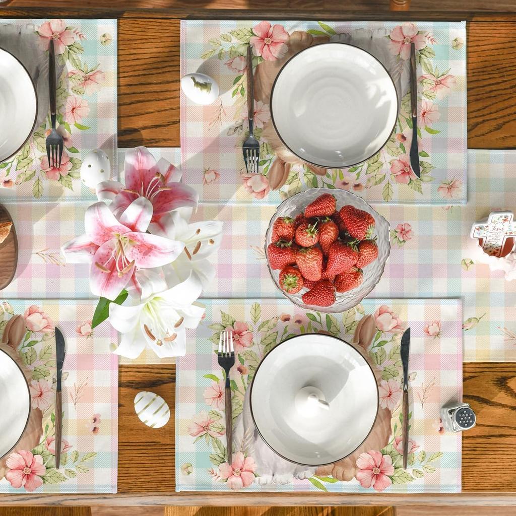 Bunny Rabbit Flowers Floral Buffalo Plaid Easter Placemats Set of 4, 12x18 Inch Spring Table Mats for Party Kitchen Dining Decoration