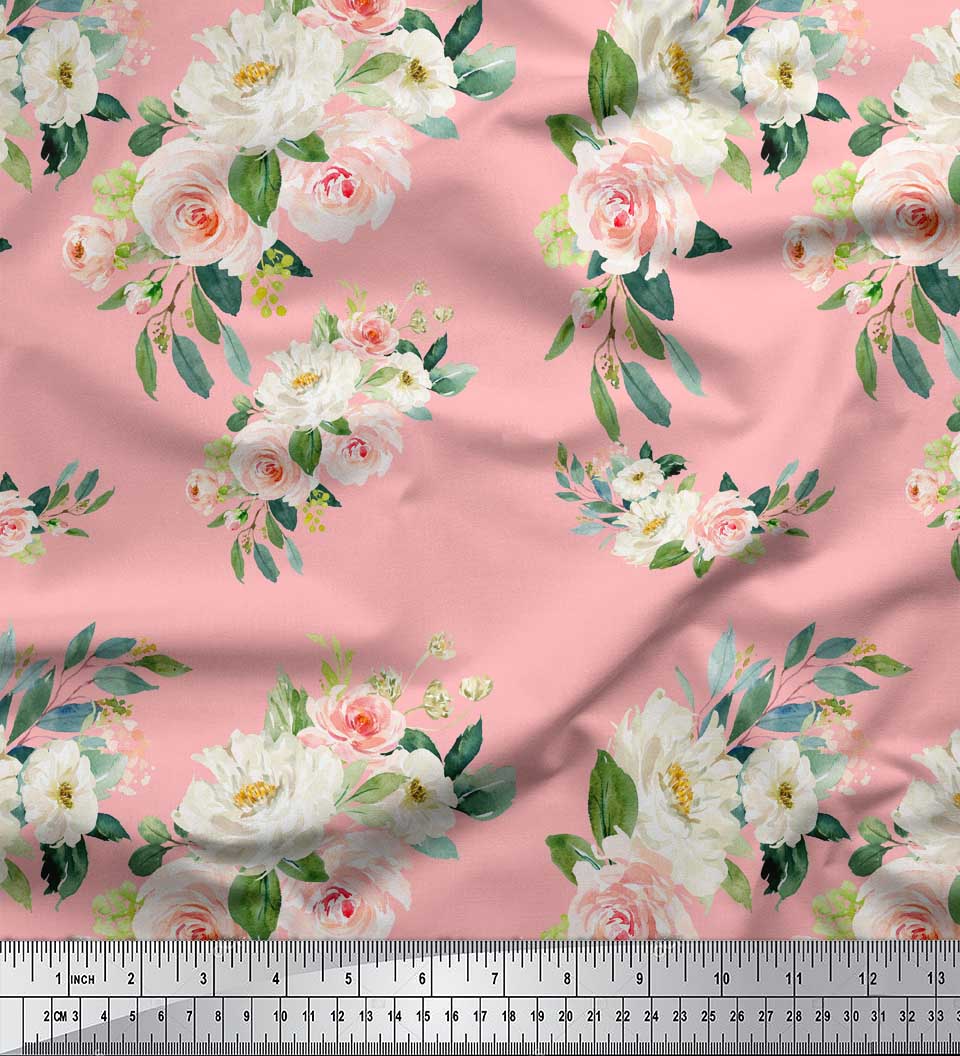 

Тканина для рукоділля Soimoi Black Poly Crepe Leaves & Ranunculus Floral Printed на метри 42 дюйми 42 Inch Wide - Poly Crepe рожевий