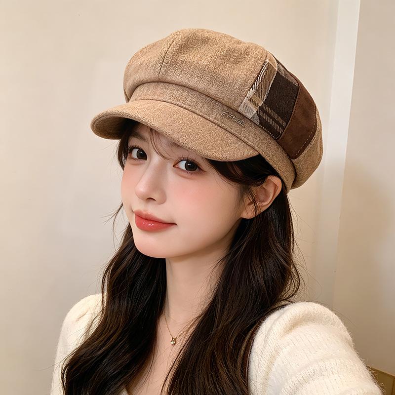 Autumn and winter color matching retro British style cap women's fashion simple casual versatile temperament octagonal hat tide