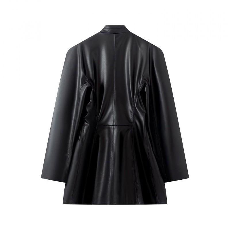 Womens Fall Long Sleeve Lapel Double-Breasted Belted Faux Leather Blazer Coat