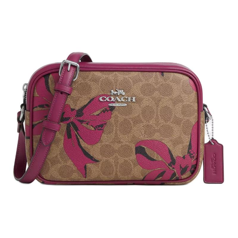 COACH Jamie 22 bow print zipper closure coated canvas camera bag crossbody bag shoulder bag small size women s dark brown with pink красный