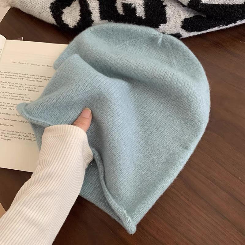 Solid Color Cold Hat Internet Celebrity Hat Women's Autumn and Winter Plush Knitted Face Small Pile Hat Big Head Circumference Bag Head Hat