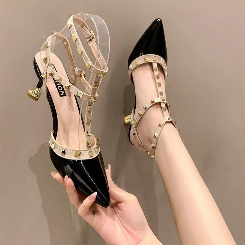 2025 popular high heels women's versatile willow nails single shoes pointed head thick heel bag head sandals thin heel small single shoes women