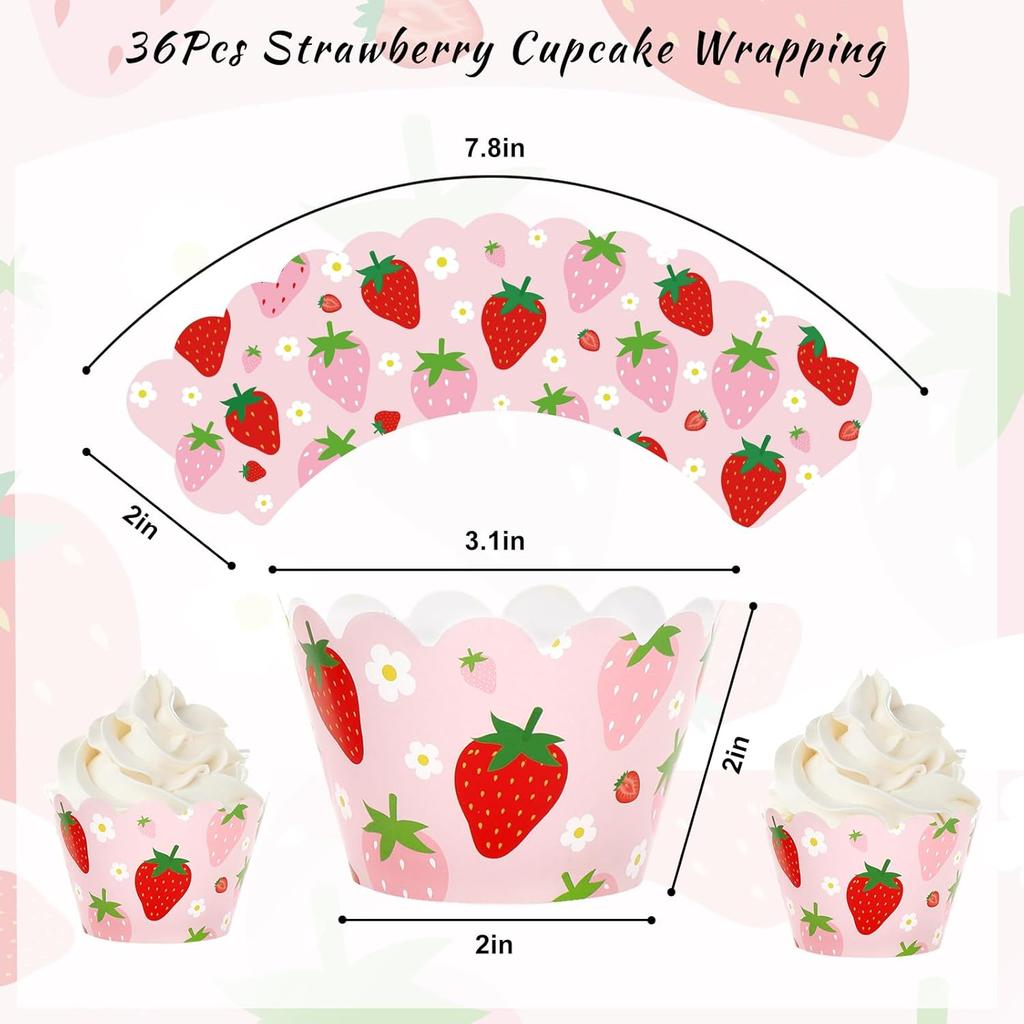 Whaline 36Pcs Strawberry Cupcake Wrappers Red Pink Strawberry Flower Cupcake Liners Decorative Cupcake Holders for Birthday Baby Shower Party Cake