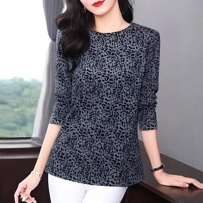 T-Shirt Tops Women Cotton Blouse Oversized Comfortable Stretch Long Sleeve T-Shirt Leopard Round Neck Loose Tops