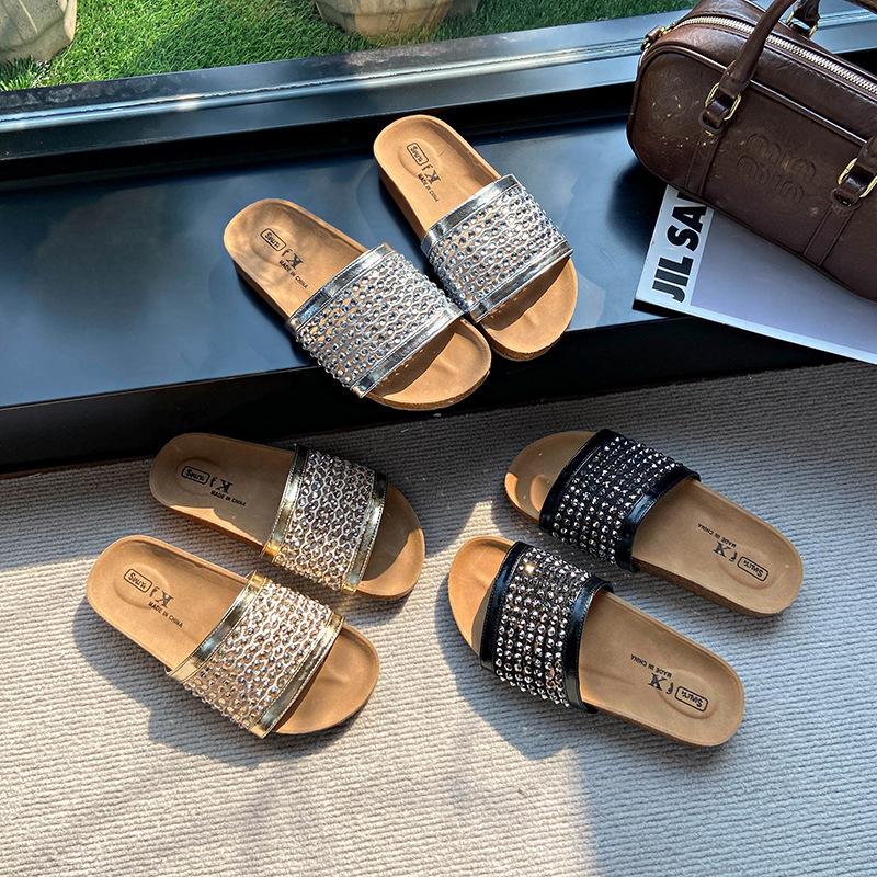 Mesh breathable rhinestone sleeve toe slippers women's summer wear casual vacation style with skirt beach sandals