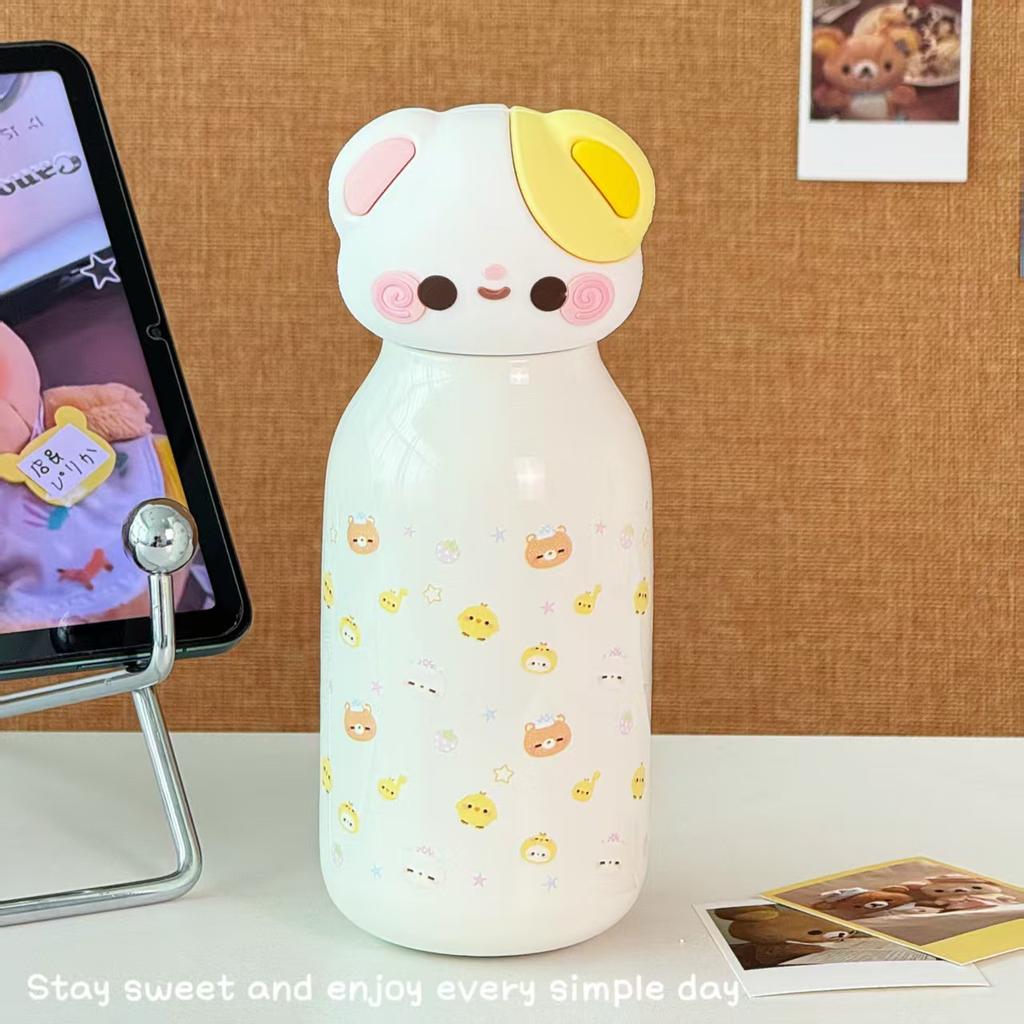 Korean Dopamine Puppy Straw Thermos Cup Sleeping Bear Print Residential School Girls School Portable Straw Cup