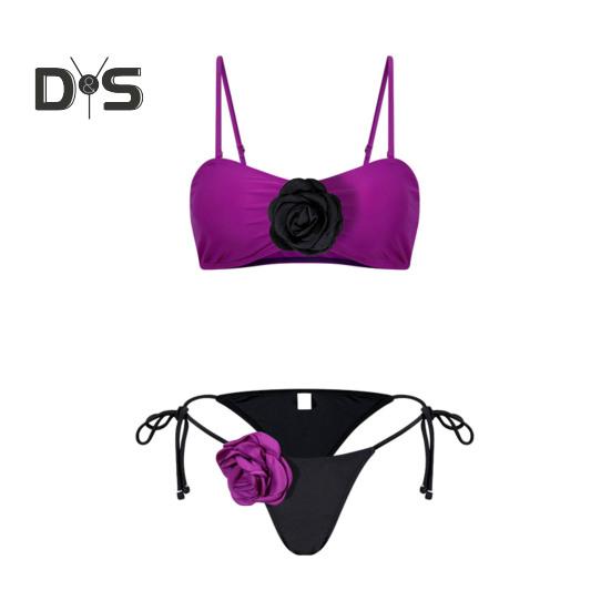 2Pcs/Set Women Bikini Set Sling Flower Decor Bra Lace-Up Briefs Set Three-Dimensional Flowers Adjustable Shoulder Straps Swimsuit