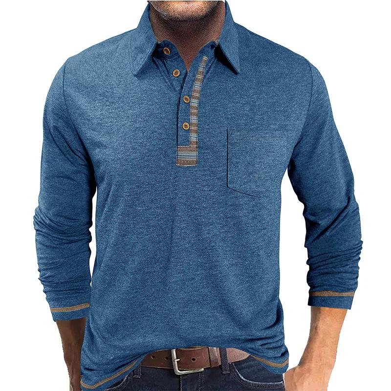 Spring Autumn Men's Business Casual Polos Long Sleeve Polo Shirt Patchwork Button-Down Collar Fashionable Bottom Pocket Tops