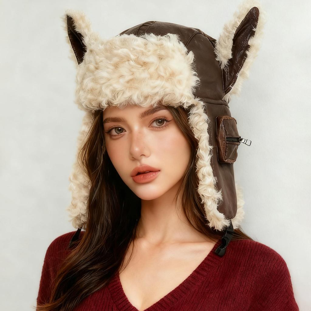 Factory Direct Women's Cute Cat Ear Faux Leather Shearling Trapper Hat Winter Warm Plush Ushanka Hat for Ski