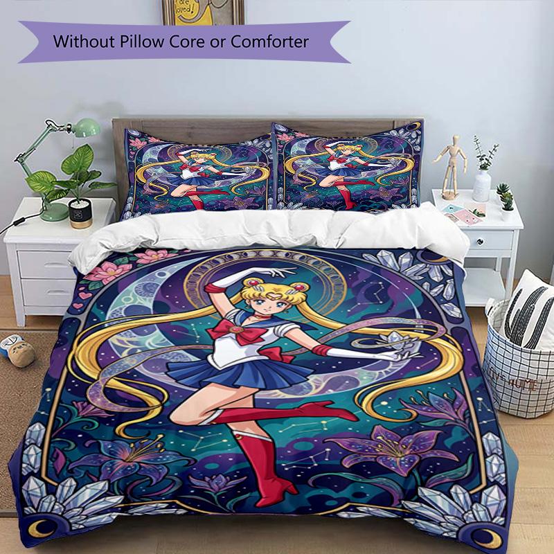 3'lü Nevresim Takımı (1*Nevresim Kılıfı + 2*Yastık Kılıfı, Çekirdeksiz), Sailor Moon Baskılı Nevresim Takımı, Yatak Odası Dekorasyonu, Dört Mevsim, Doğum Günü Hediyesi