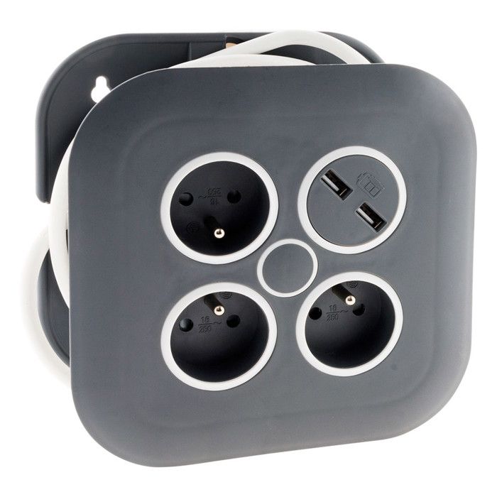 Enrouleur domestique 3 x 2P+T + 2xUSB - 7m - Noir - Zenitech