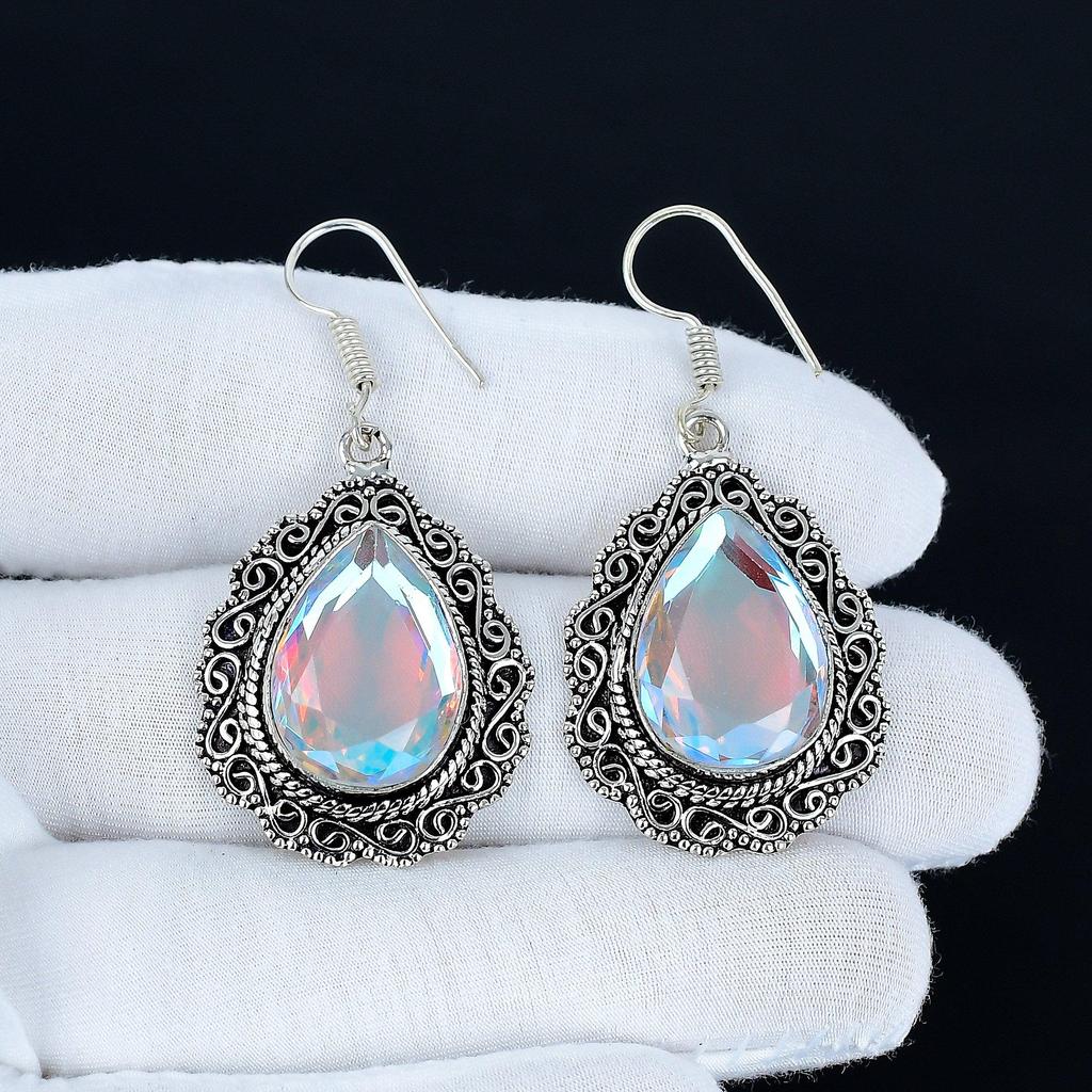 Mystic Topaz Gemstone Earrings, 925 Sterling Silver Earrings, Silver Earrings For Gift, Mystic Topaz Dangle Drop Earrings For Christmas Day Gifts