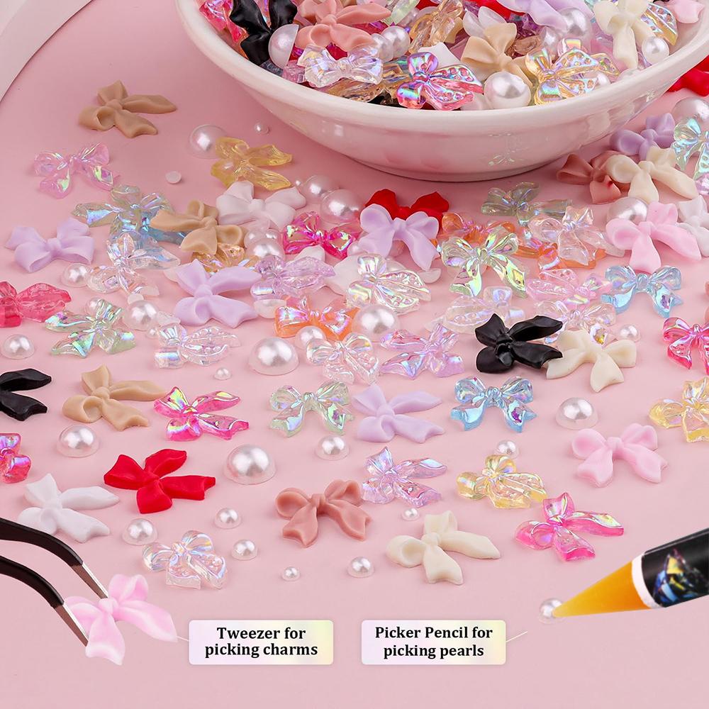 12Grids/Box Mixed Resin Bowknot Nail Charms 3D Colorful Bow Kawaii Rhinestone Nail Art Decorations DIY Manicure Parts Pen Tweeze