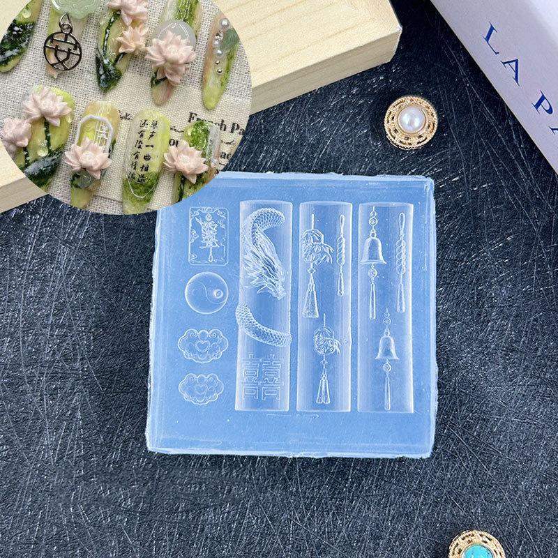3D Chinese-Style Silicone Nail Mold Exquisite Dragon Copper Coins Bells Buttons Chinese Knots Fan Mold Transparent Nail Art Mold