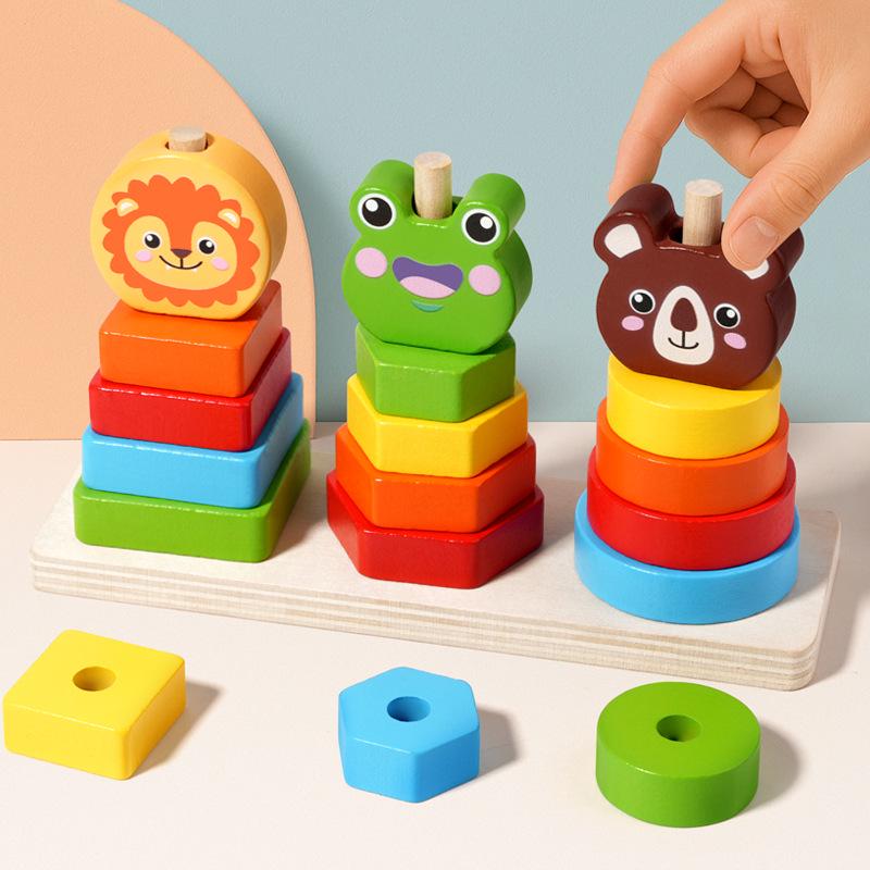 Wooden Animal Stacking Tower - Educational Shape Recognition Toy for Toddlers
