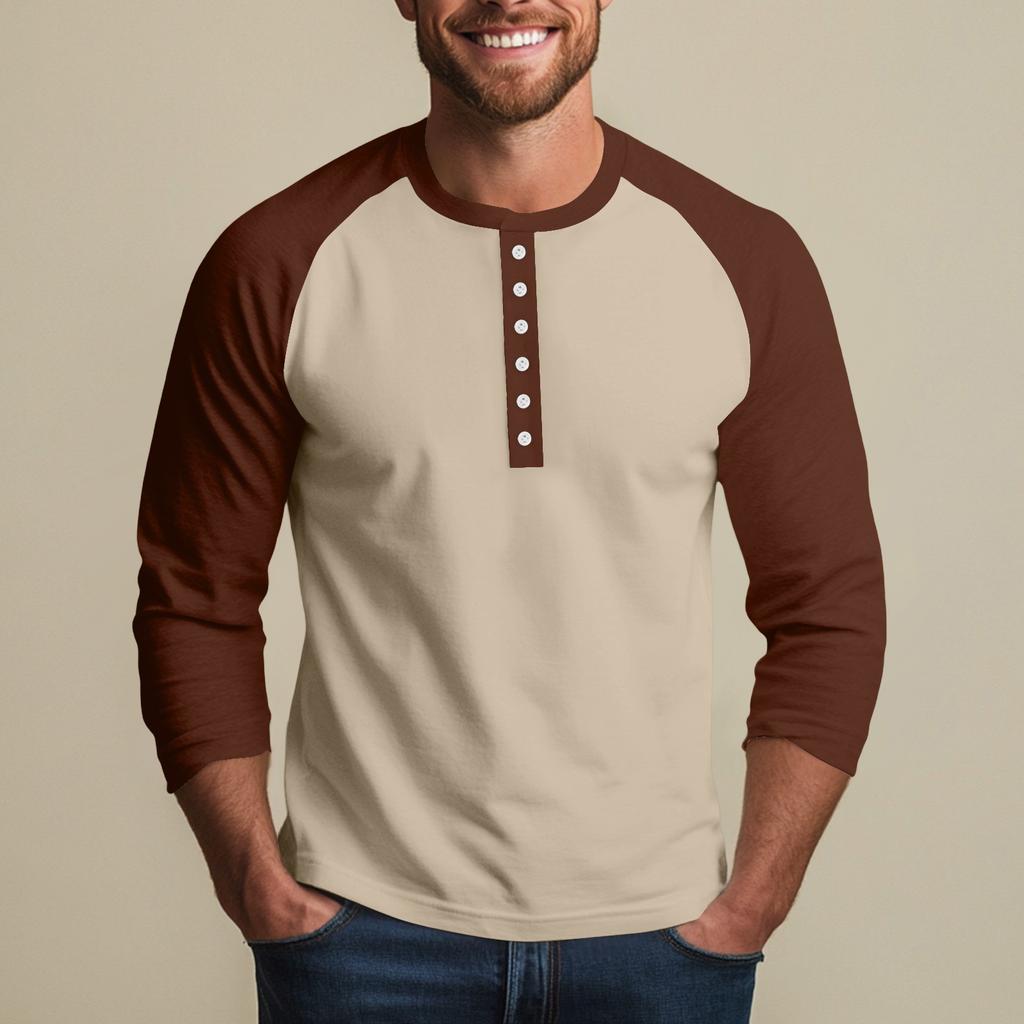 Men's Button-Down Contrast Raglan 3/4 Sleeve Top