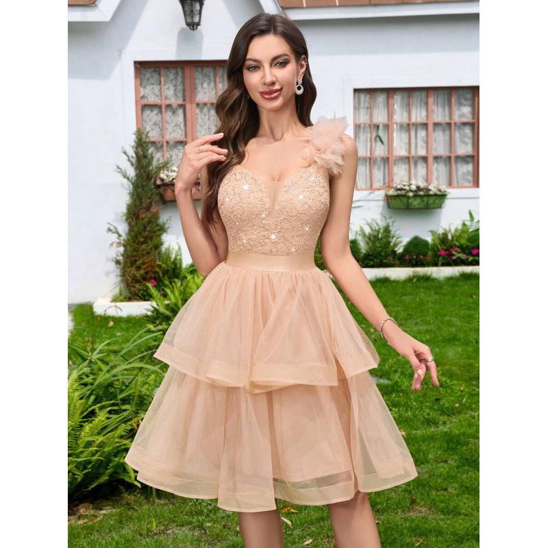 Sequined floral lace V-neck ruffle edge mesh cascaded hem suspender sleeveless dress women S