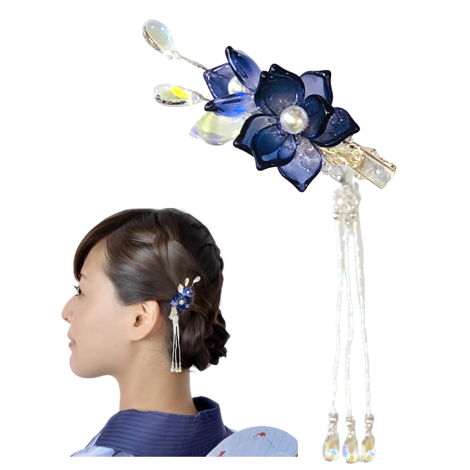 

Украшение для волос для юкаты и канзаши «Колокольчик» для кимоно синий [&JuJu] [Прозрачный мотив] (Японская заколка для волос) (Индиго Б)