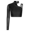 S-XXL Damen Tanz Crop Top: Asymmetrisches, glitzerndes Oberteil mit einem langen Ärmel und Strasssteinen für Bauchtanz, Chacha, Tango