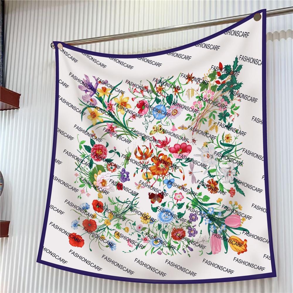 Silk Scarf Women Floral Printed Square Scarves Head Echarpes Silk Foulards Femme Wraps Beach Shawls Bandana Lady Hijabs 90CM