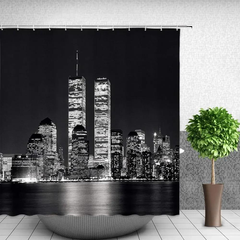 New York Shower Curtain Grey Night City Bathroom Curtain City View Modern Life Theme Waterproof Polyester Fabric with Hooks