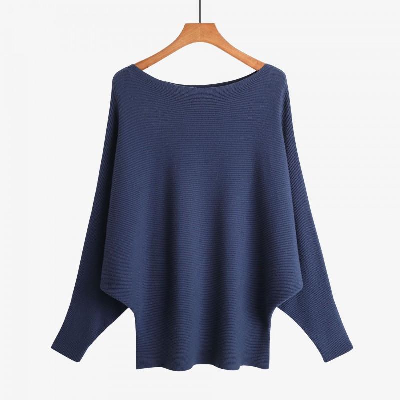 Womens Winter Solid Color Loose Batwing Sleeve Knit Sweater One-Shoulder Neck Long