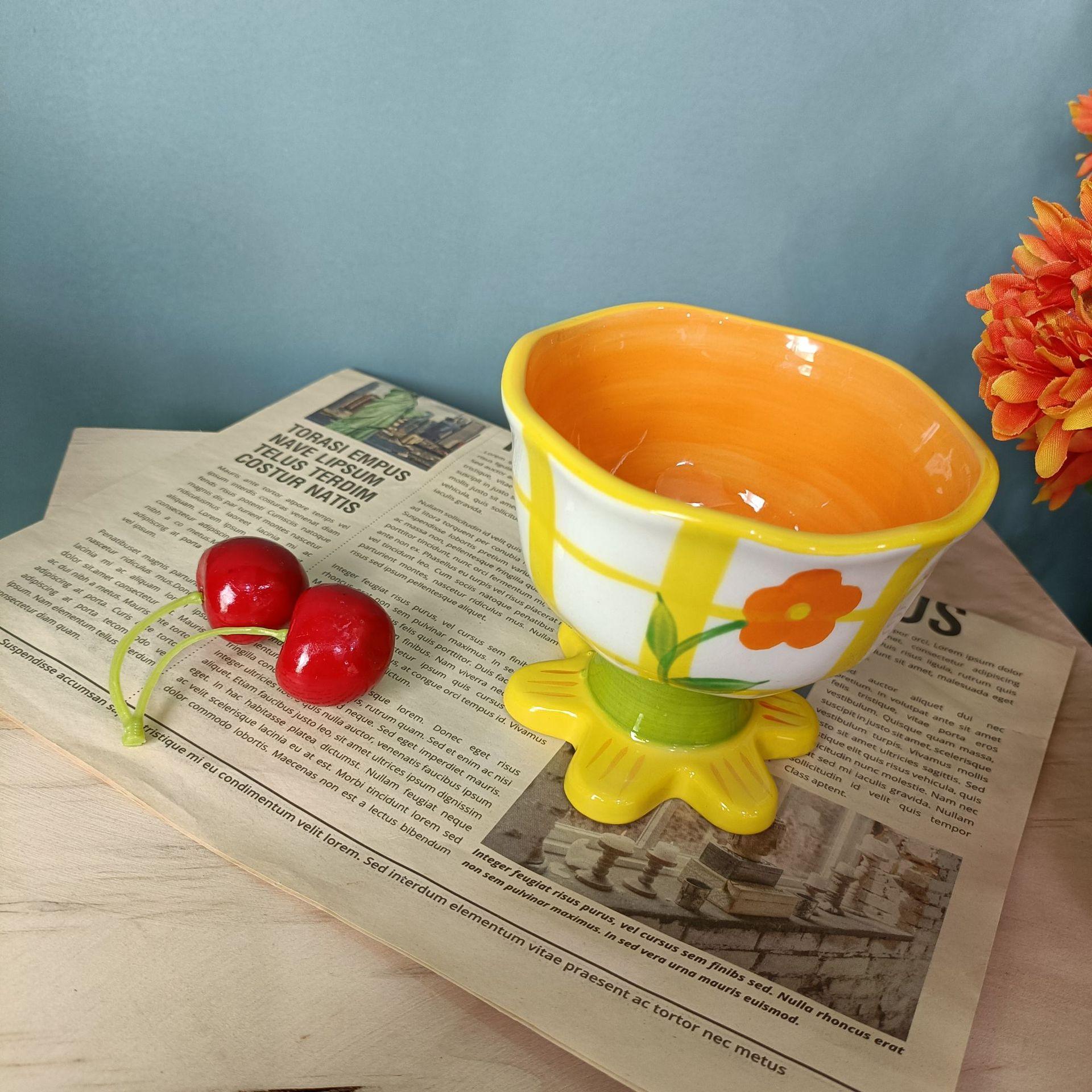 

Hand Painted Goblet Flower Checkerboard Tulip Ceramic Cup Dessert Fruit Bowl Mug Decorative Handmade Gift Cute Cup Eco Friendly 300ml