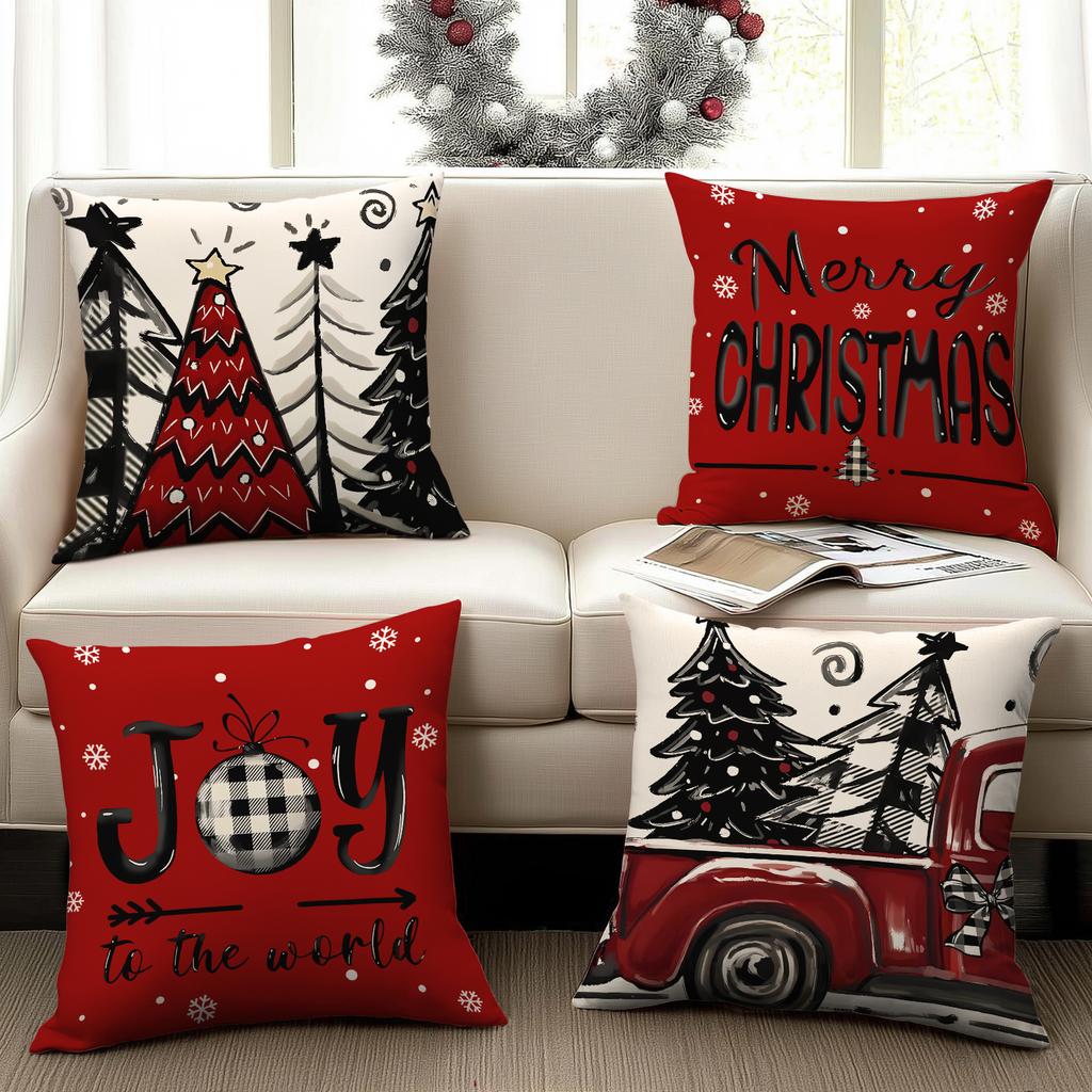 1/4Pcs Christmas Pillow Cover, Red Snowflake Letter Printed Cushion Cover, Christmas Decorative Pillowcase (Without Pillow Core)