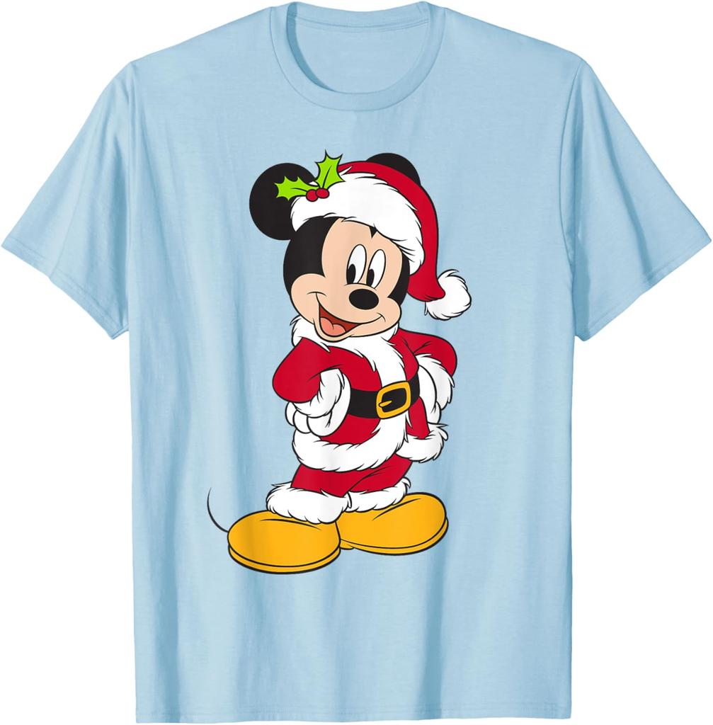New Disney Santa Mickey Mouse Holiday Short Sleeve Fashion Casual T-Shirt S-4XL Four Seasons