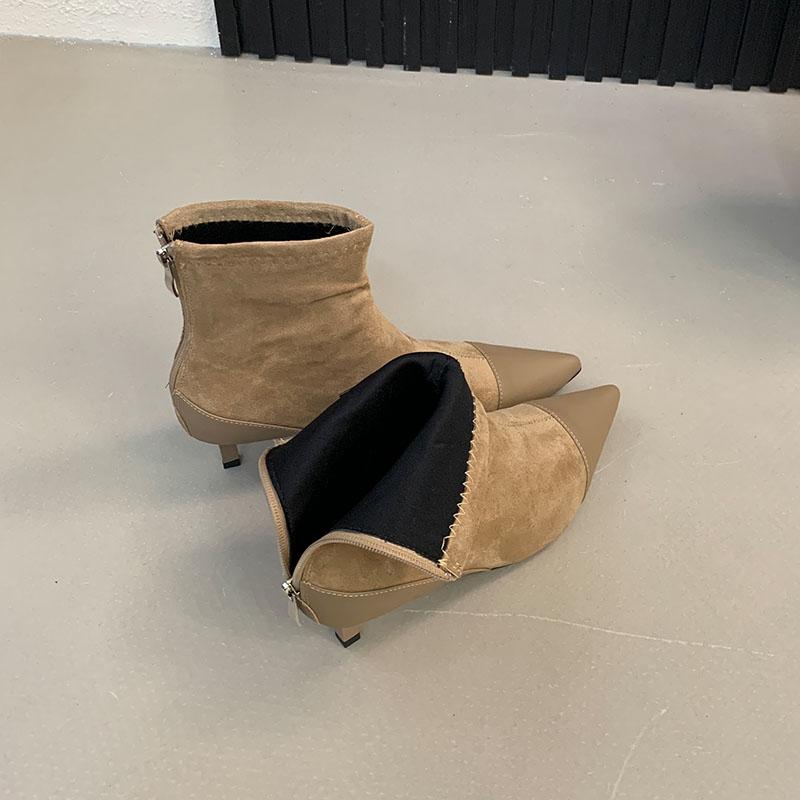 Módní dámské špičaté moderní dámské kotníkové boty s nízkým podpatkem boty módní semišové dámské krátké boty zipy boty lodičky