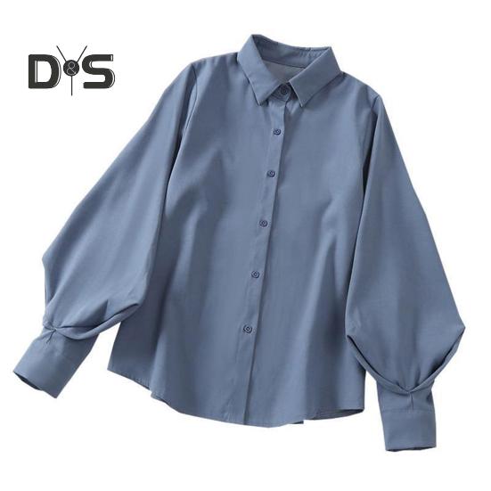 

Женская повседневная рубашка с лацканами и фонариком, мешковатая рубашка с длинными рукавами, однотонная однобортная рубашка, топы, уличная одежда L синий