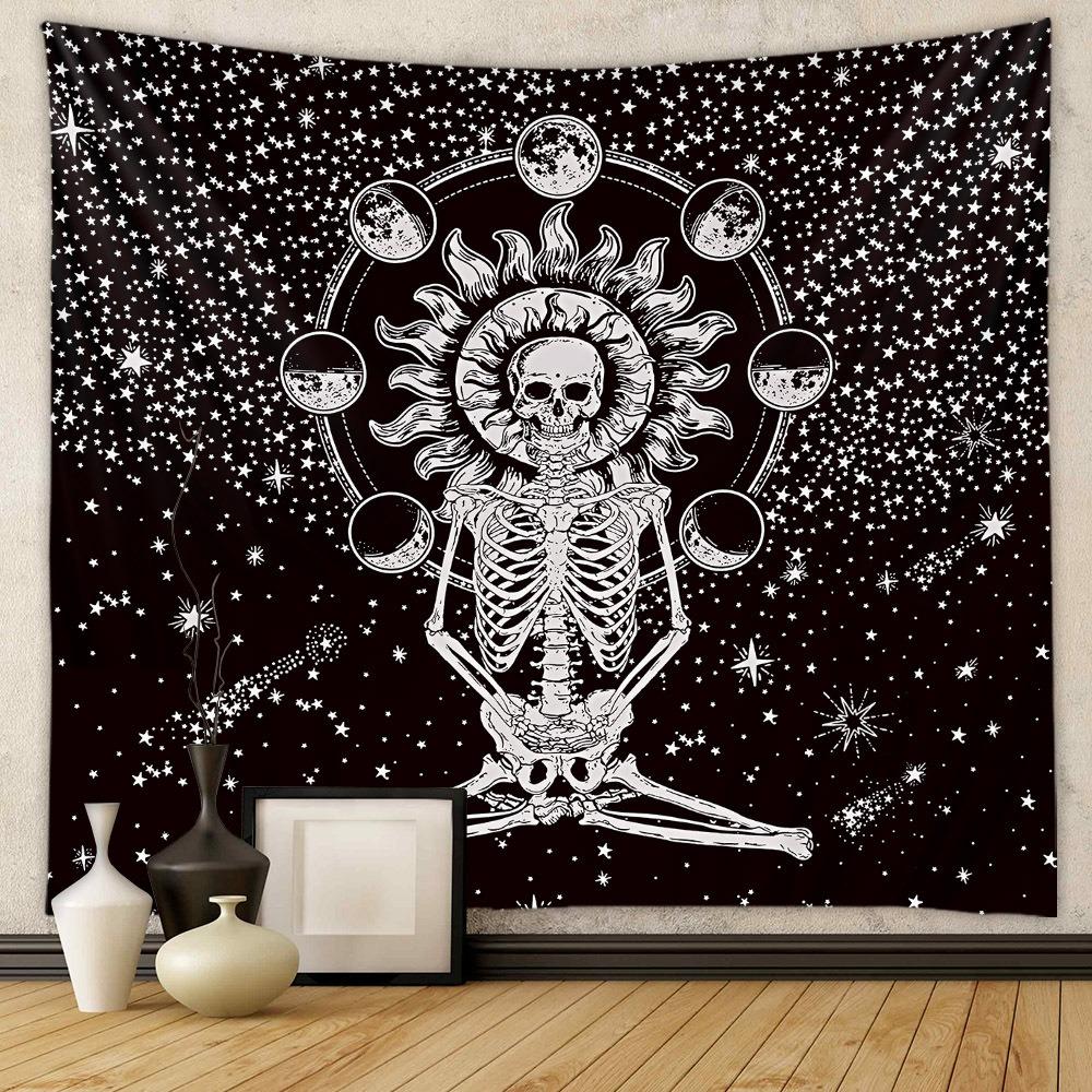 The Lovers Tarot Card Tapestry Skeleton Kissing Wall Hanging Vintage Floral Polyester Decor for Bedroom Living Room Aesthetic