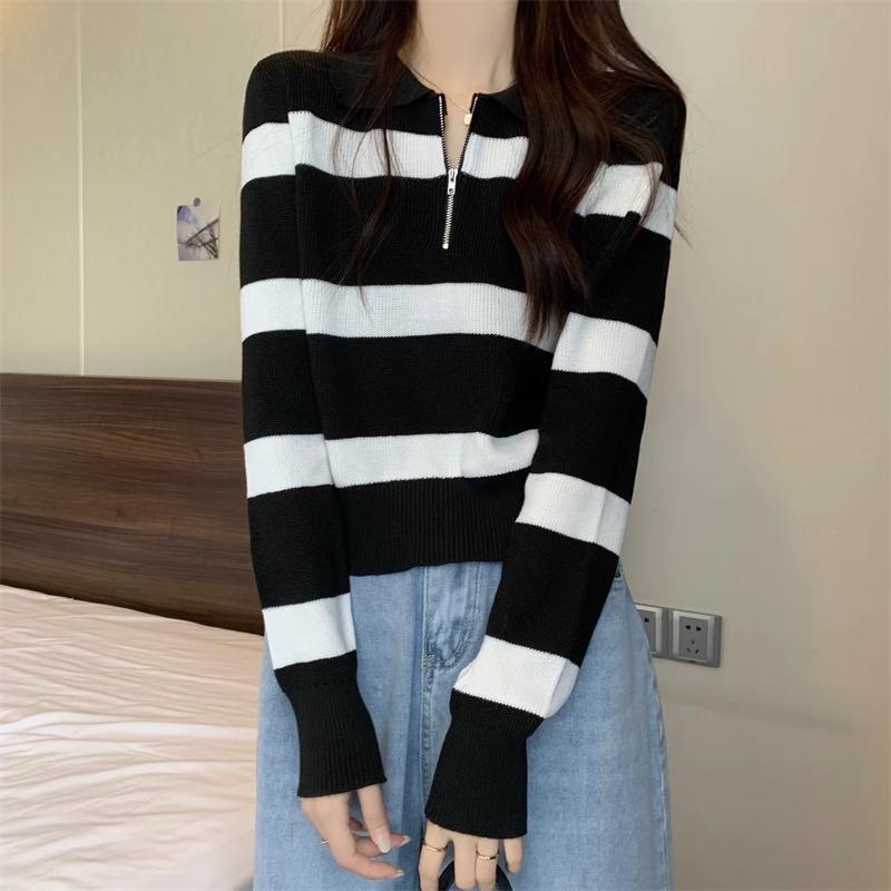 Bottom Shirt Autumn Winter Loose Polo Collar Striped Sweater New Design Zipper Short Top for Women