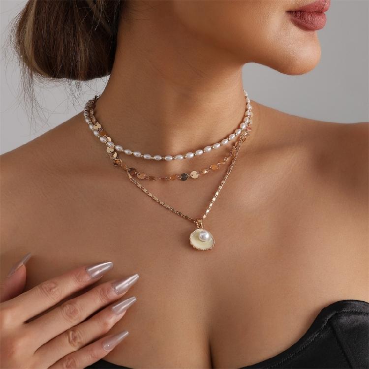 Versatile Geometric Shell Pearls Drop Necklace Adjustable Alloy Collarbone Chain For Creative Styling Expression