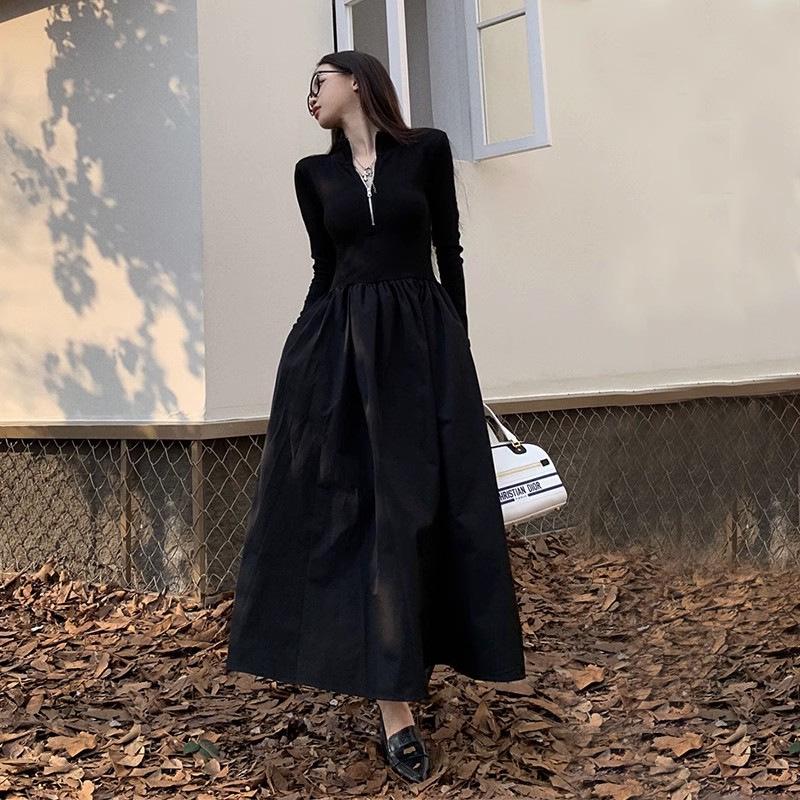 

Женское черное платье с длинными рукавами в стиле Хепберн и узкой талией - осень 2023 г. L чёрный