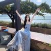 Blue and White Plaid Splicing Lace Suspender Dress Women's Spring New Waist A Character Thin Big Swing Dress