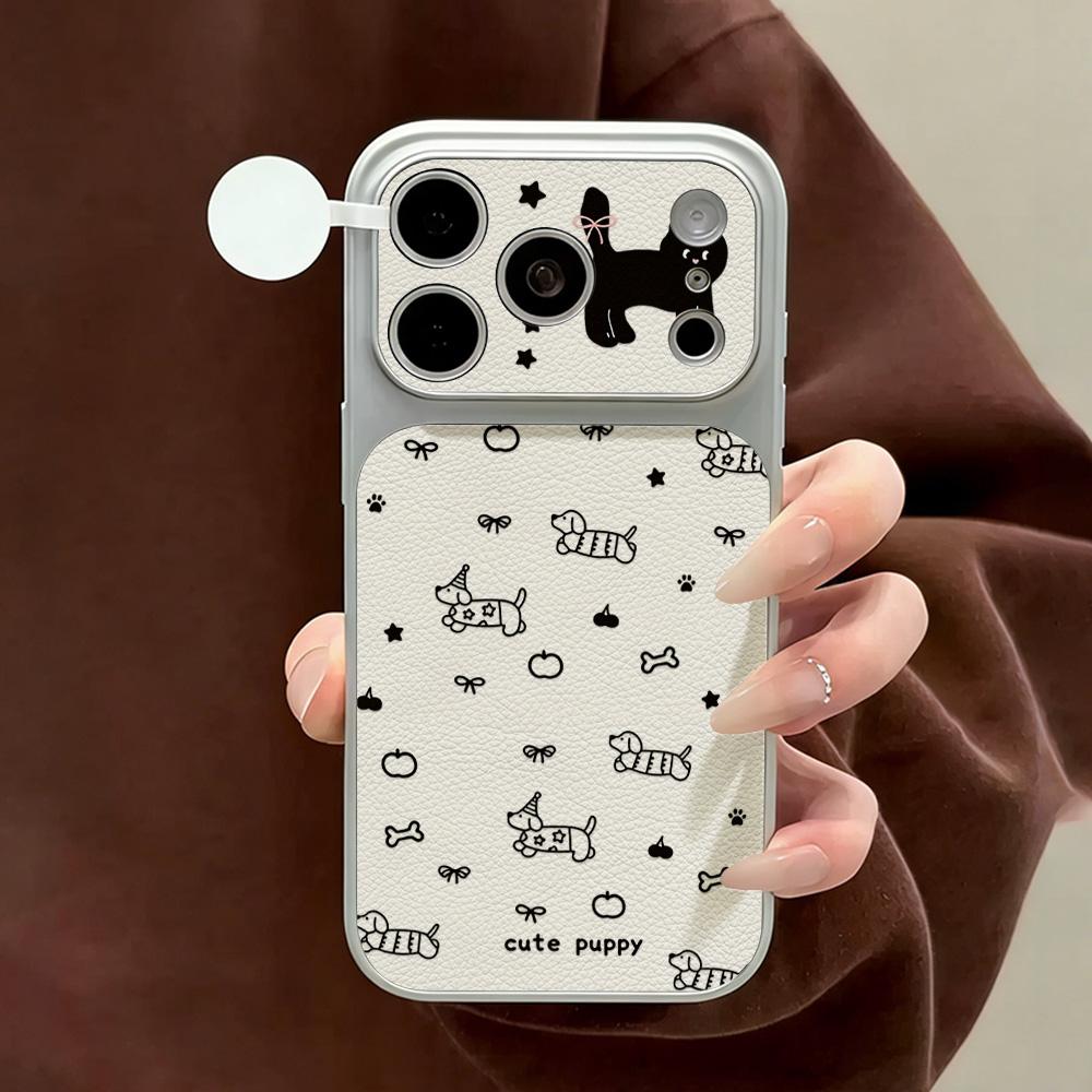Leather Texture Luxury Phone Case For iPhone 17 Pro Max 16 13 14 15 Pro Max 12 11 Cute Cartoon Puppy Soft Silicone Lanyard Cover