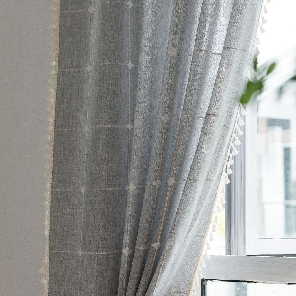 Grey Curtain Finished Product Embroidery Cotton And Linen Solid Color Plaid Coffee Insulation Living Room Kitchen Set Rod Partition Curtain