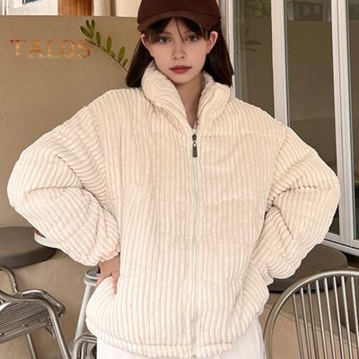 Women's Winter Jacket Corduroy Puffer Short Down Jacket Warm Quilted Cotton Coat Stand Collar Outerwear for Daily Life Work School